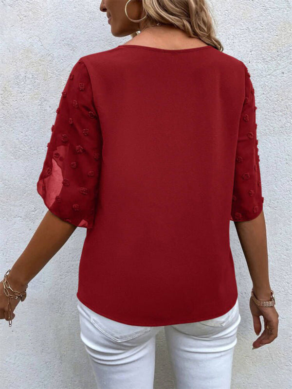 Blue Zone Planet | Solid color lace paneling round neck short sleeve top BLUE ZONE PLANET