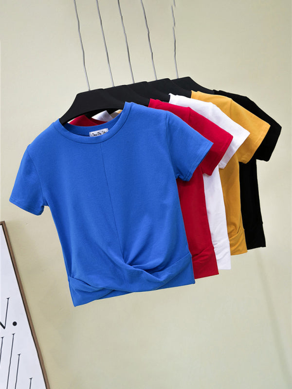 Blue Zone Planet | Short Sleeve Cropped Top Cross Knotted Skinny T-Shirt BLUE ZONE PLANET