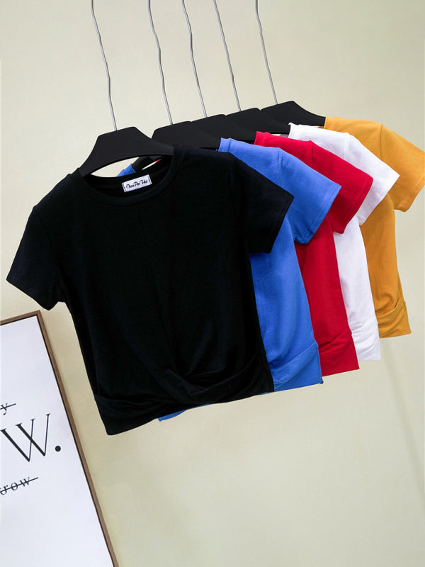 Blue Zone Planet | Short Sleeve Cropped Top Cross Knotted Skinny T-Shirt BLUE ZONE PLANET