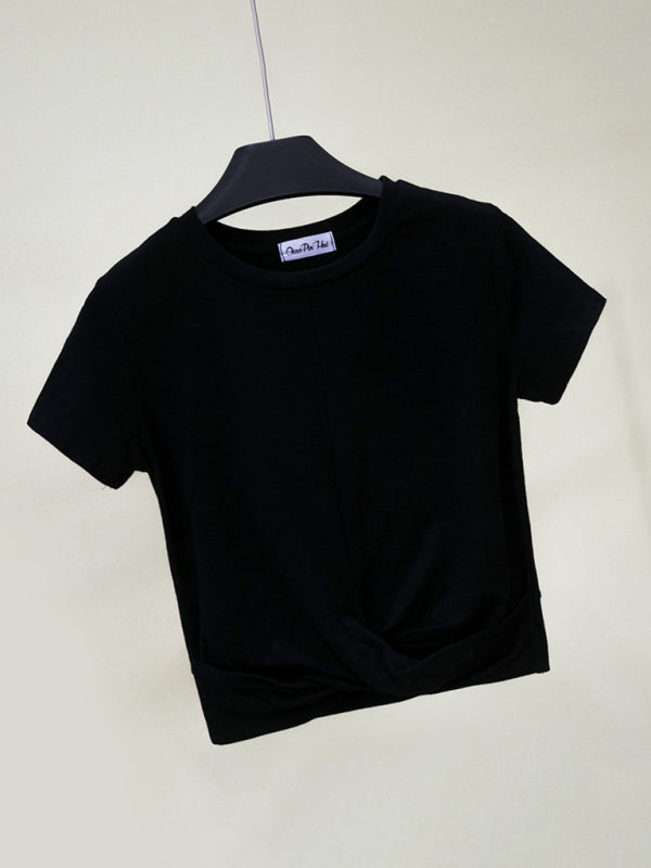 Blue Zone Planet | Short Sleeve Cropped Top Cross Knotted Skinny T-Shirt BLUE ZONE PLANET