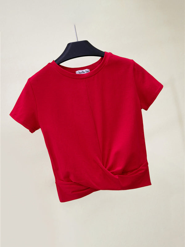Blue Zone Planet | Short Sleeve Cropped Top Cross Knotted Skinny T-Shirt BLUE ZONE PLANET