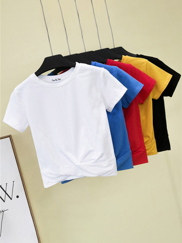 Blue Zone Planet | Short Sleeve Cropped Top Cross Knotted Skinny T-Shirt BLUE ZONE PLANET