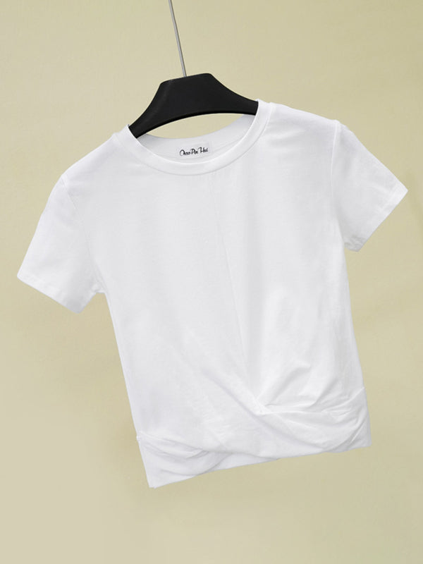 Blue Zone Planet | Short Sleeve Cropped Top Cross Knotted Skinny T-Shirt BLUE ZONE PLANET