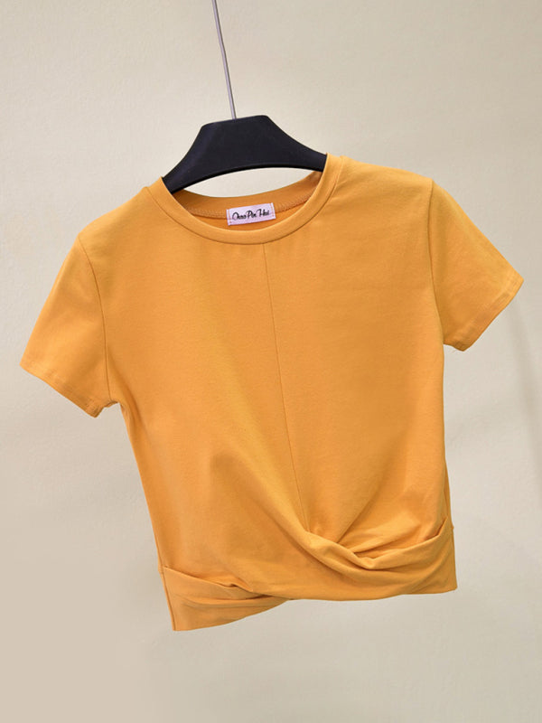 Blue Zone Planet | Short Sleeve Cropped Top Cross Knotted Skinny T-Shirt BLUE ZONE PLANET
