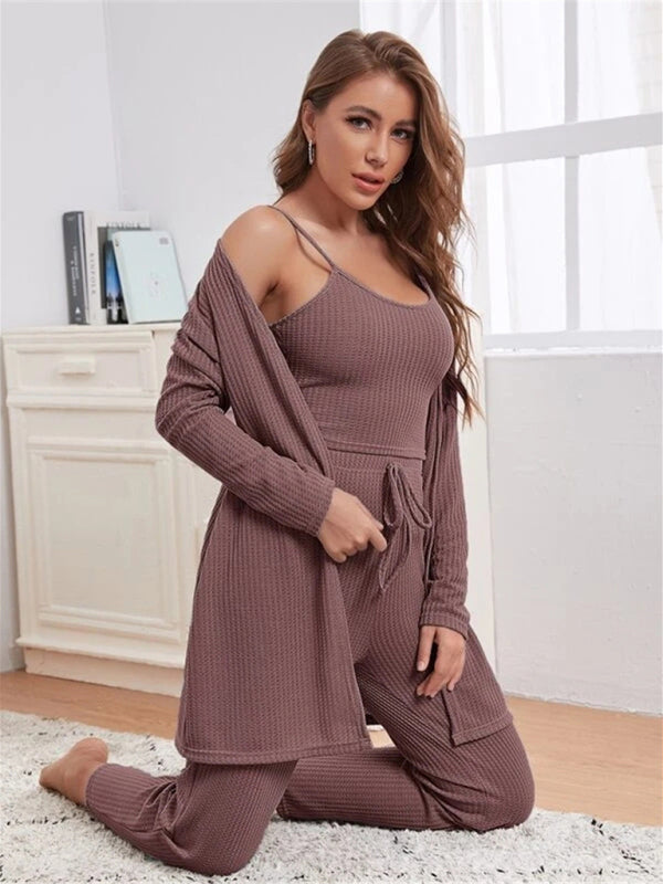 Loungewear Waffle Knit Long Three-Piece Suit BLUE ZONE PLANET