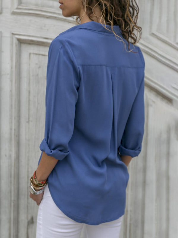 Blue Zone Planet | Ladies Long Sleeve Deep V Button Chiffon Shirt BLUE ZONE PLANET
