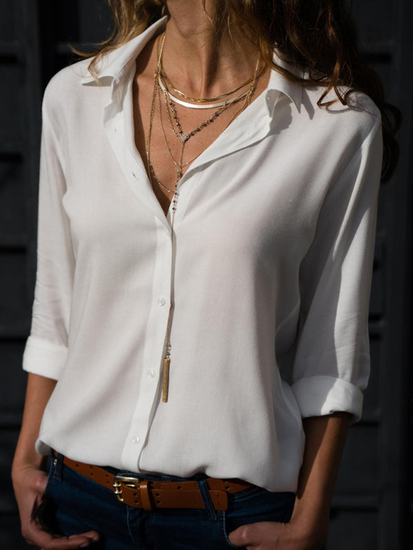 Blue Zone Planet | Ladies Long Sleeve Deep V Button Chiffon Shirt BLUE ZONE PLANET