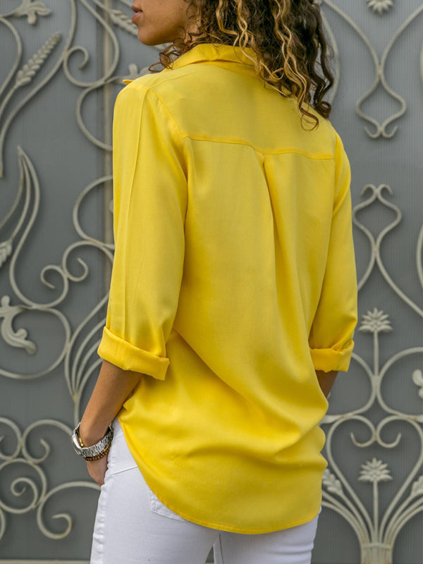 Blue Zone Planet | Ladies Long Sleeve Deep V Button Chiffon Shirt BLUE ZONE PLANET