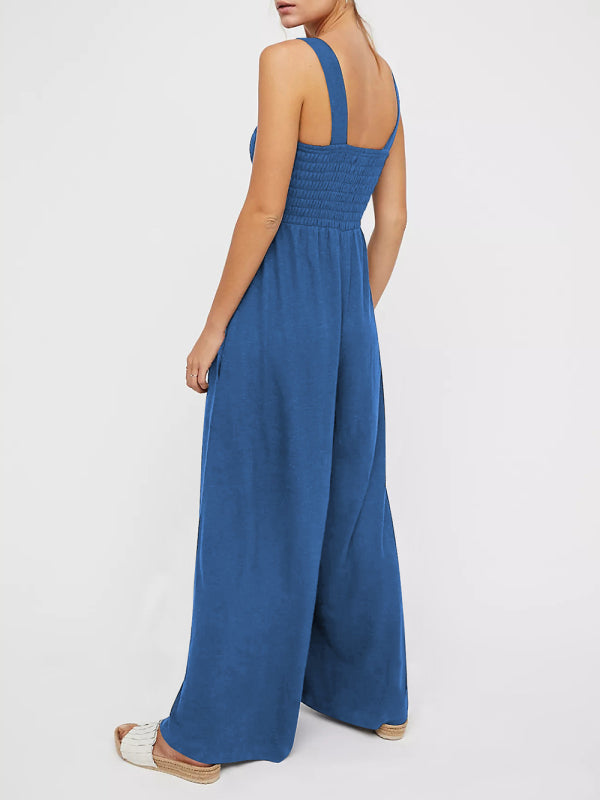Square Neck Slim Pleated Jumpsuit BLUE ZONE PLANET