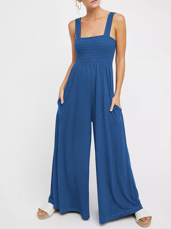 Square Neck Slim Pleated Jumpsuit BLUE ZONE PLANET