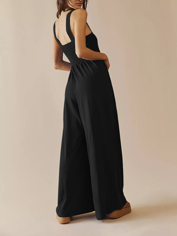 Square Neck Slim Pleated Jumpsuit BLUE ZONE PLANET