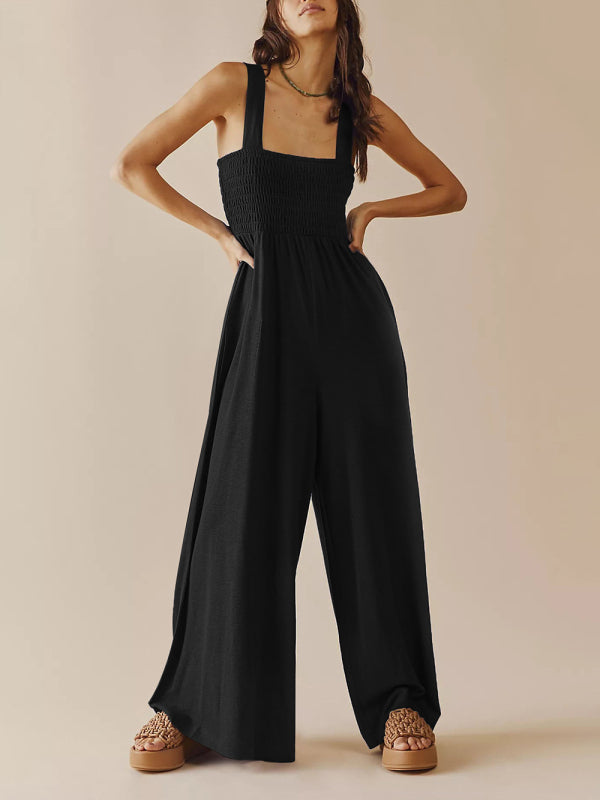 Square Neck Slim Pleated Jumpsuit BLUE ZONE PLANET