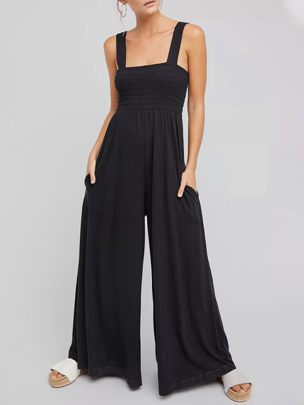 Square Neck Slim Pleated Jumpsuit BLUE ZONE PLANET