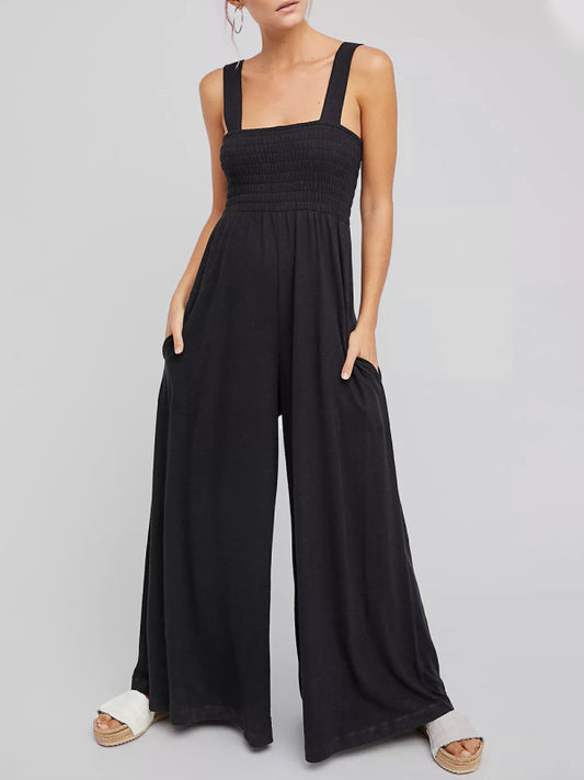 Square Neck Slim Pleated Jumpsuit BLUE ZONE PLANET