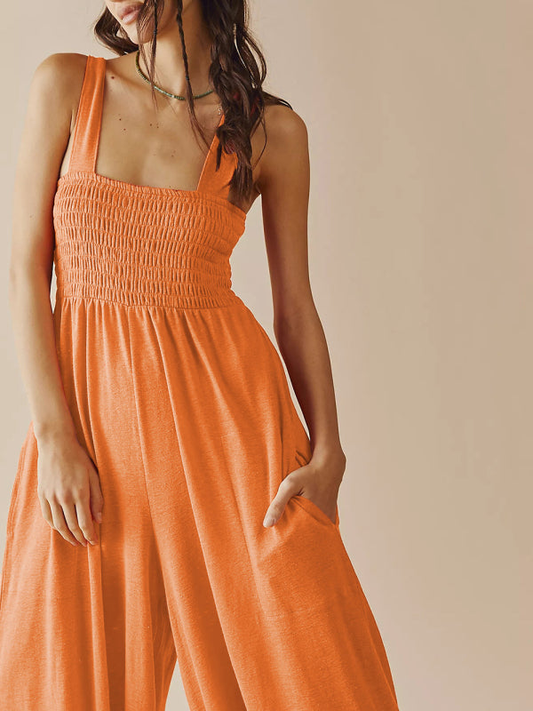 Square Neck Slim Pleated Jumpsuit BLUE ZONE PLANET