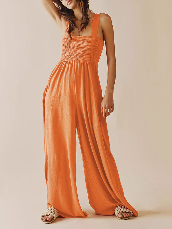 Square Neck Slim Pleated Jumpsuit BLUE ZONE PLANET