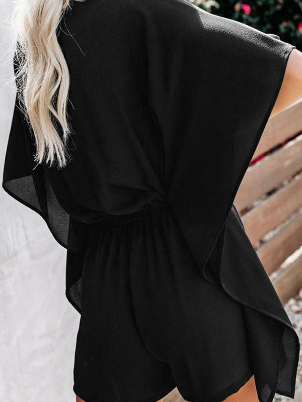 Blue Zone Planet | shorts European and American solid color V-neck high waist tie loose jumpsuit BLUE ZONE PLANET