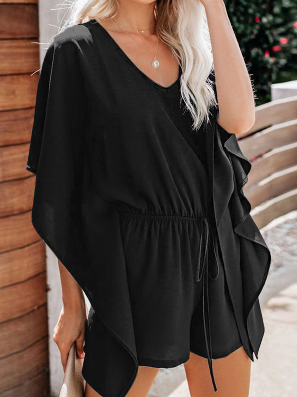 Blue Zone Planet | shorts European and American solid color V-neck high waist tie loose jumpsuit BLUE ZONE PLANET