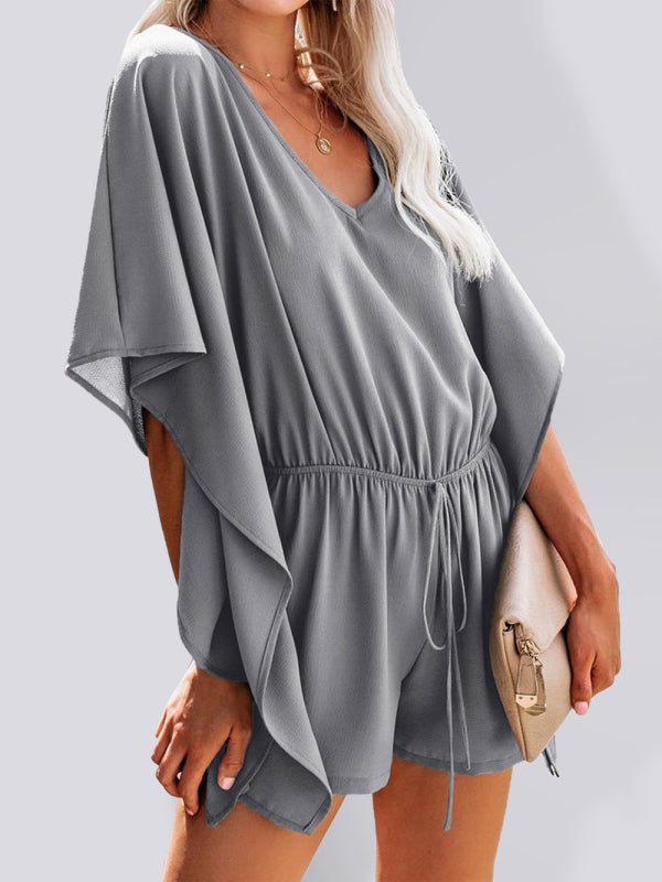 Blue Zone Planet | shorts European and American solid color V-neck high waist tie loose jumpsuit BLUE ZONE PLANET
