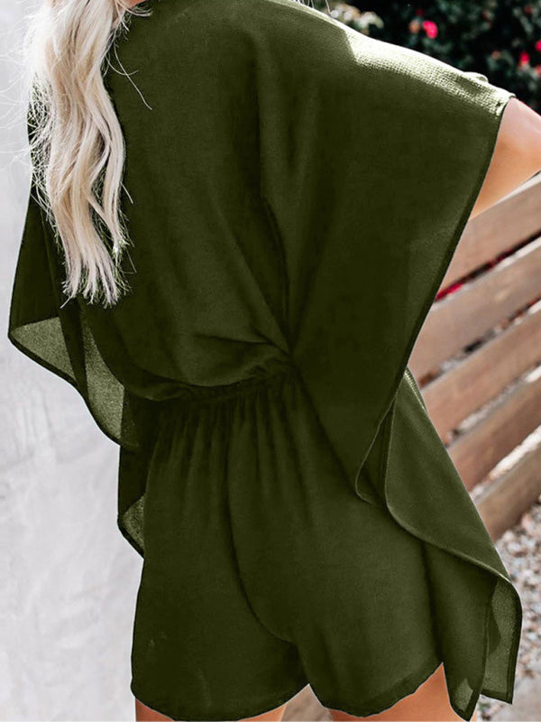 Blue Zone Planet | shorts European and American solid color V-neck high waist tie loose jumpsuit BLUE ZONE PLANET