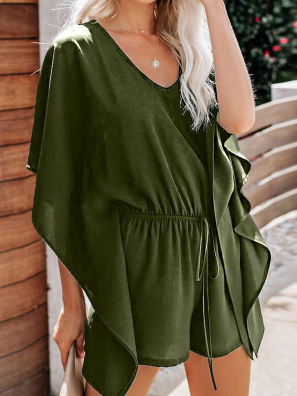 Blue Zone Planet | shorts European and American solid color V-neck high waist tie loose jumpsuit BLUE ZONE PLANET