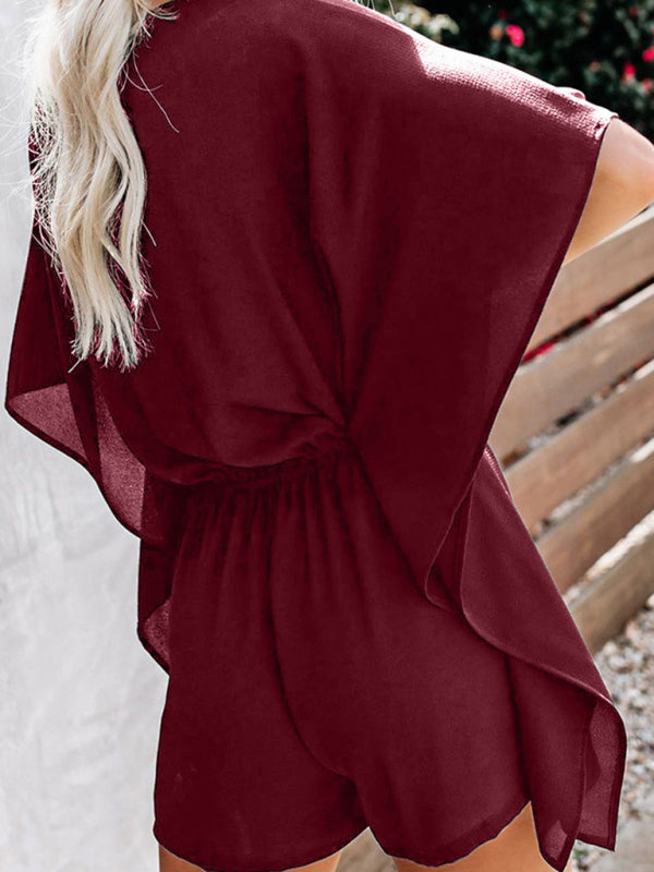 Blue Zone Planet | shorts European and American solid color V-neck high waist tie loose jumpsuit BLUE ZONE PLANET