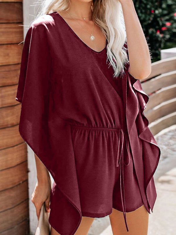 Blue Zone Planet | shorts European and American solid color V-neck high waist tie loose jumpsuit BLUE ZONE PLANET