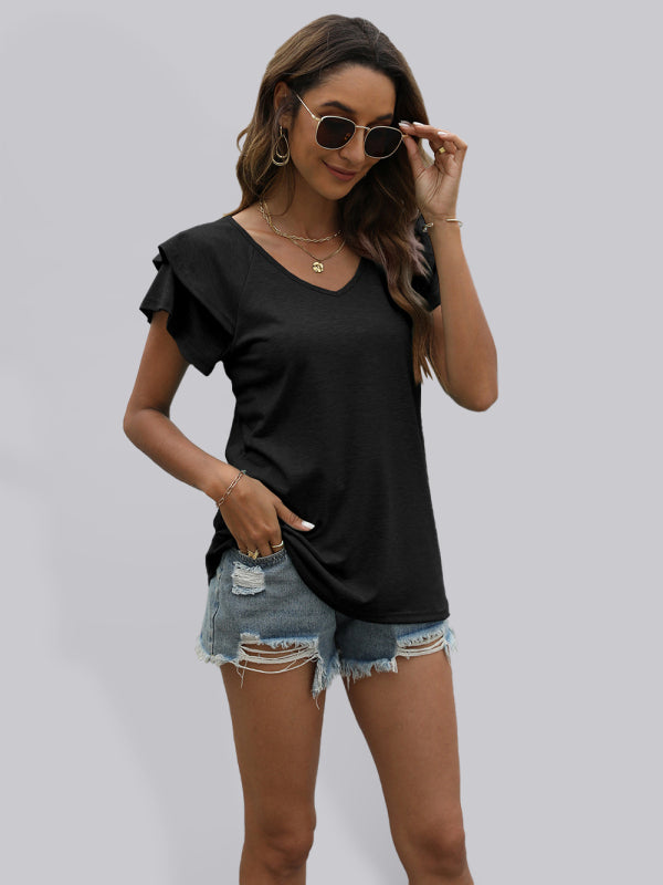Blue Zone Planet | New solid color V-neck double layer ruffled sleeve loose top t-shirt BLUE ZONE PLANET