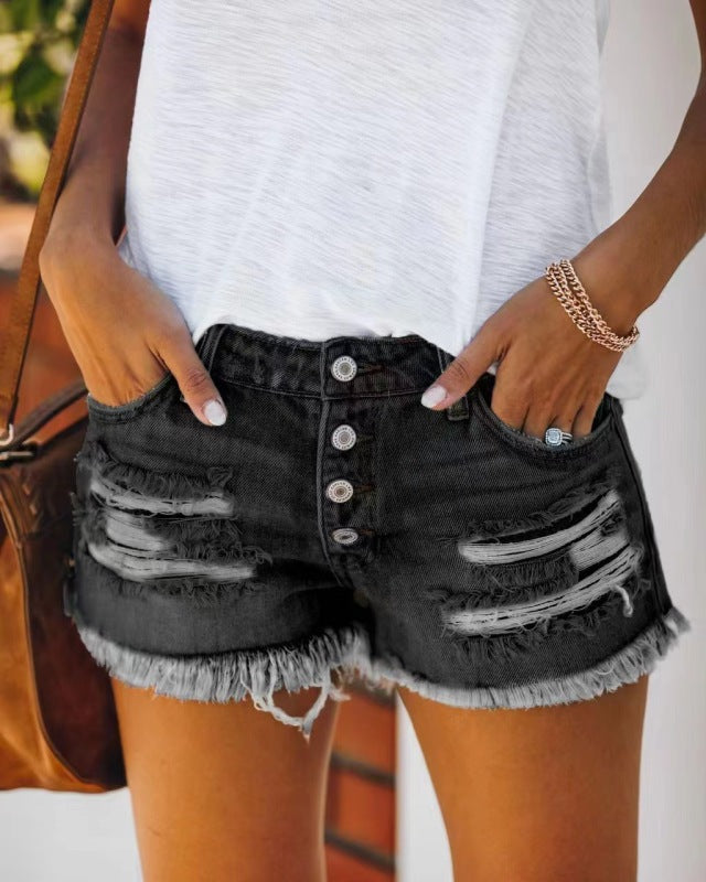 Blue Zone Planet | Straight-breasted ripped fringed denim shorts BLUE ZONE PLANET