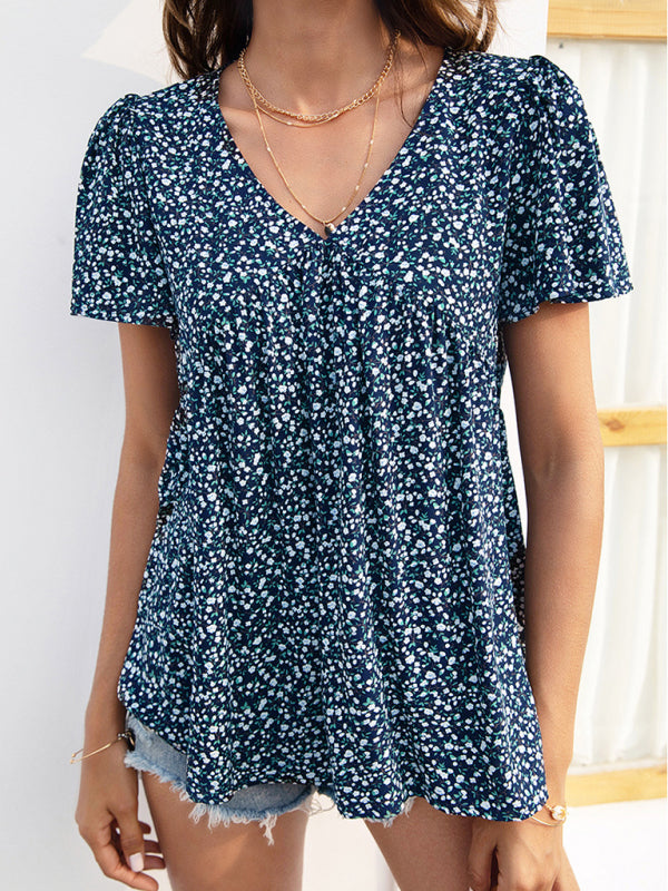 Blue Zone Planet | V-neck loose pleated print loose European and American tops BLUE ZONE PLANET