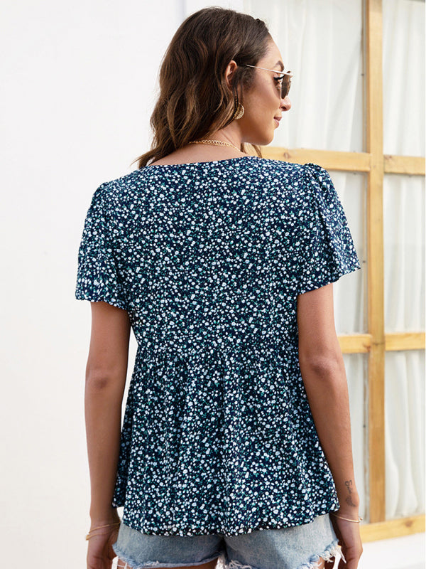 Blue Zone Planet | V-neck loose pleated print loose European and American tops BLUE ZONE PLANET