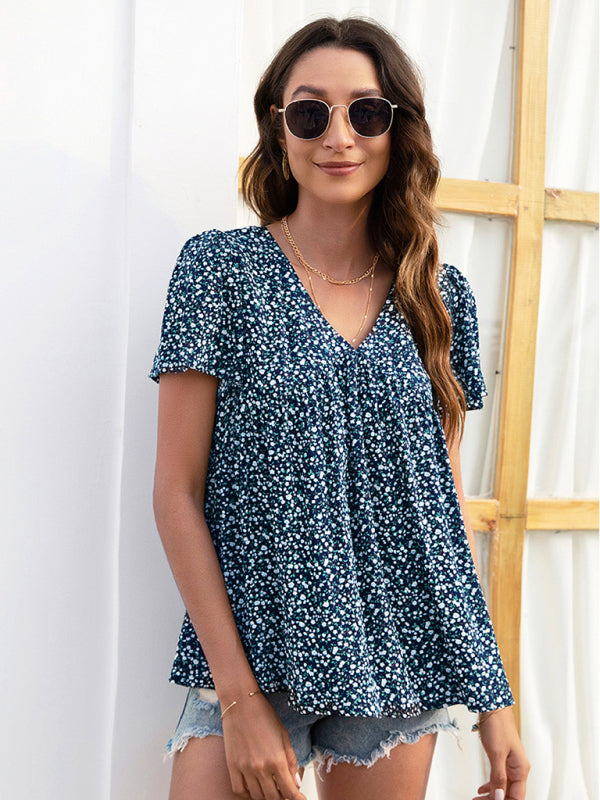 Blue Zone Planet |  V-neck loose pleated print loose European and American tops BLUE ZONE PLANET