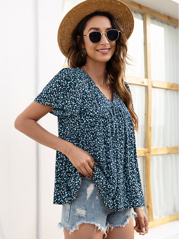 Blue Zone Planet | V-neck loose pleated print loose European and American tops BLUE ZONE PLANET