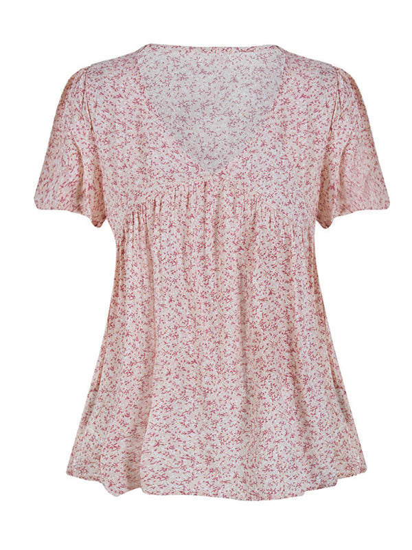 Blue Zone Planet | V-neck loose pleated print loose European and American tops BLUE ZONE PLANET