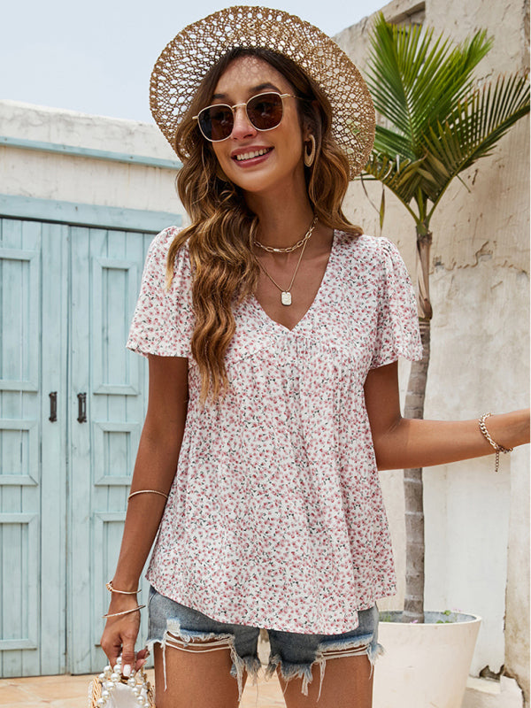 Blue Zone Planet | V-neck loose pleated print loose European and American tops BLUE ZONE PLANET