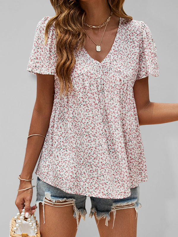Blue Zone Planet | V-neck loose pleated print loose European and American tops BLUE ZONE PLANET