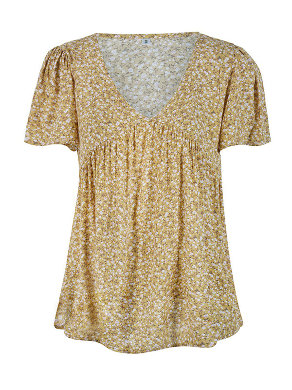 Blue Zone Planet | V-neck loose pleated print loose European and American tops BLUE ZONE PLANET