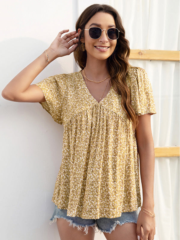 Blue Zone Planet | V-neck loose pleated print loose European and American tops BLUE ZONE PLANET