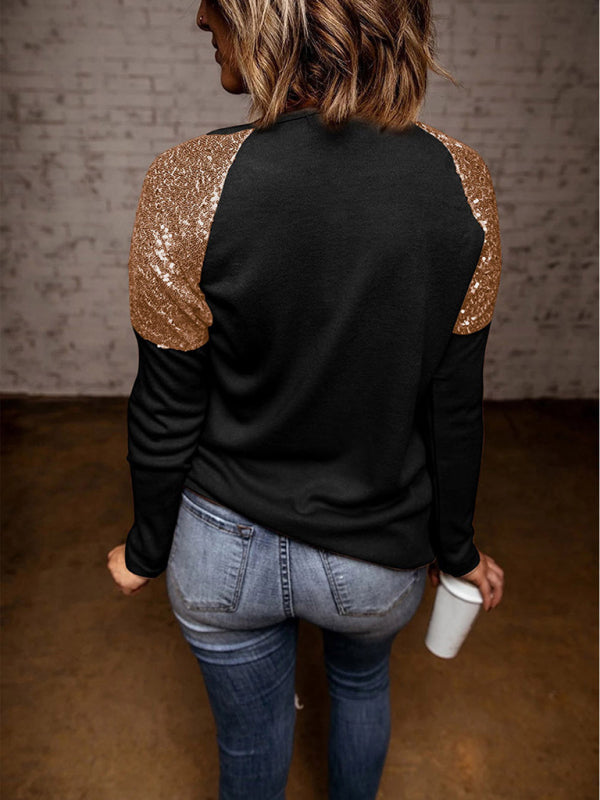 Blue Zone Planet | Knitted Round Neck Stitching Sequin Raglan Long Sleeve Top BLUE ZONE PLANET