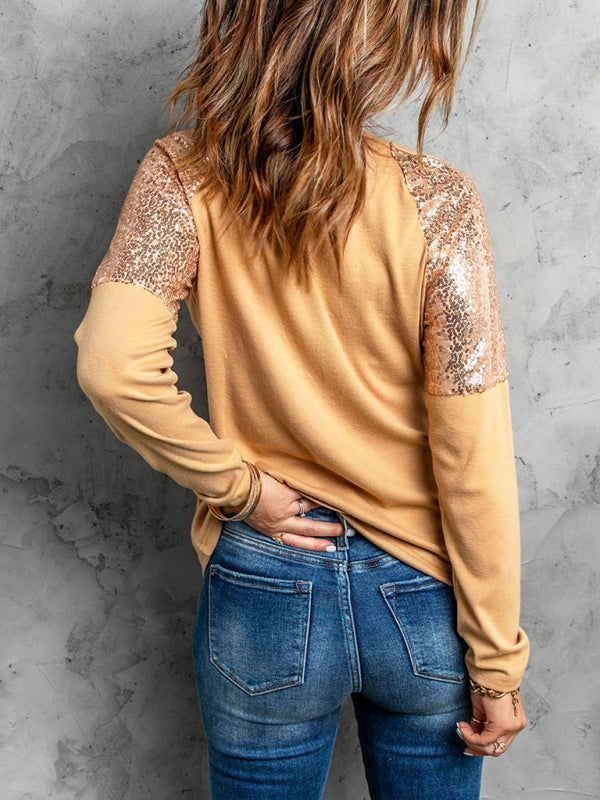 Blue Zone Planet | Knitted Round Neck Stitching Sequin Raglan Long Sleeve Top BLUE ZONE PLANET