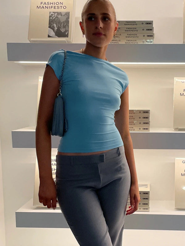 Blue Zone Planet |  Hollow backless tight short-sleeved navel half-high collar solid color hot girl T-shirt BLUE ZONE PLANET