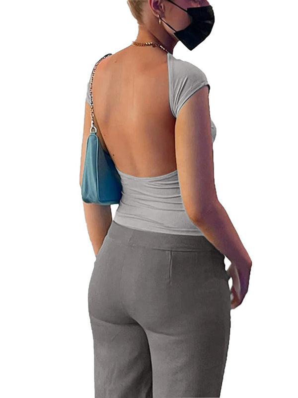 Blue Zone Planet |  Hollow backless tight short-sleeved navel half-high collar solid color hot girl T-shirt BLUE ZONE PLANET