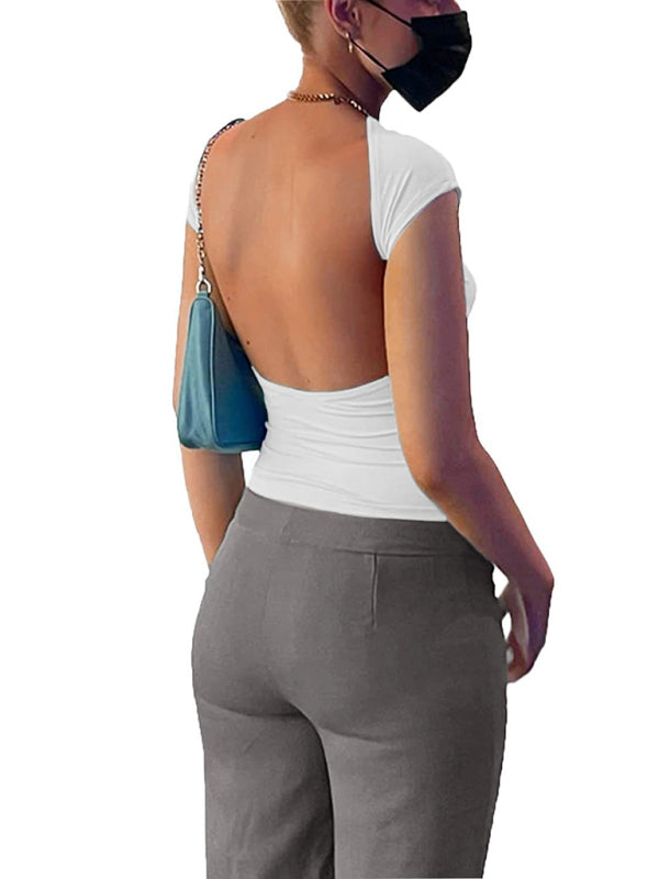 Blue Zone Planet |  Hollow backless tight short-sleeved navel half-high collar solid color hot girl T-shirt BLUE ZONE PLANET