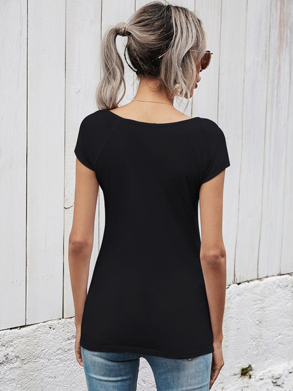 Blue Zone Planet | Summer short-sleeved t-shirt female simple slim hollow round neck solid color ladies top BLUE ZONE PLANET