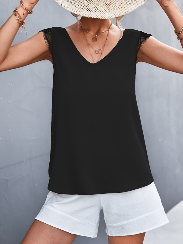 Blue Zone Planet | Women's V-neck Lace Stitching Sleeveless Tank Top BLUE ZONE PLANET