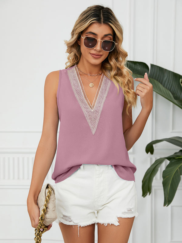 Blue Zone Planet | Women's Solid Color Chiffon Loose V Neck Sleeveless Tank Top BLUE ZONE PLANET