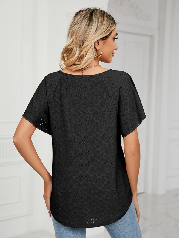 Blue Zone Planet | Solid Color Round Neck Tie Short Sleeve Loose Knit Top BLUE ZONE PLANET