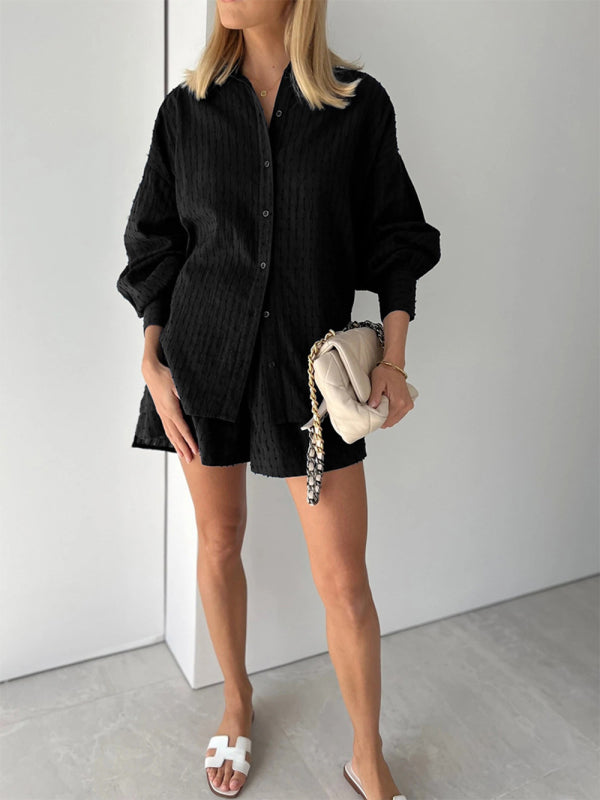 Blue Zone Planet |  Shirt Jacquard Puff Sleeve Top Shorts Commuter Casual Suit kakaclo