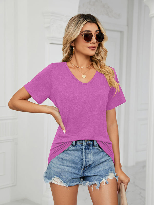 Blue Zone Planet | Short Sleeve V Neck Gathered Solid Color Loose T-Shirt Top Ladies BLUE ZONE PLANET