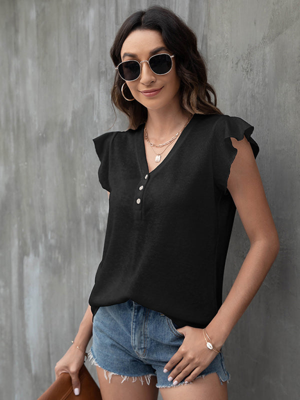 Blue Zone Planet |  V-neck loose casual button ruffled sleeve top European and American T-shirt BLUE ZONE PLANET